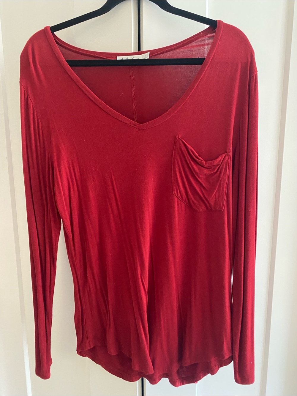 Another Love Red V-Neck Long Sleeve Pocket Top